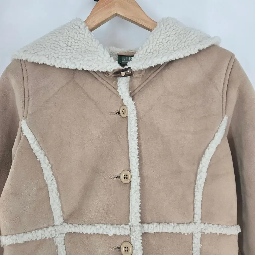 L.L.Bean Girls Vintage Tan Faux Suede Sherpa Lined Hooded Winter Coat XL - Picture 3 of 11